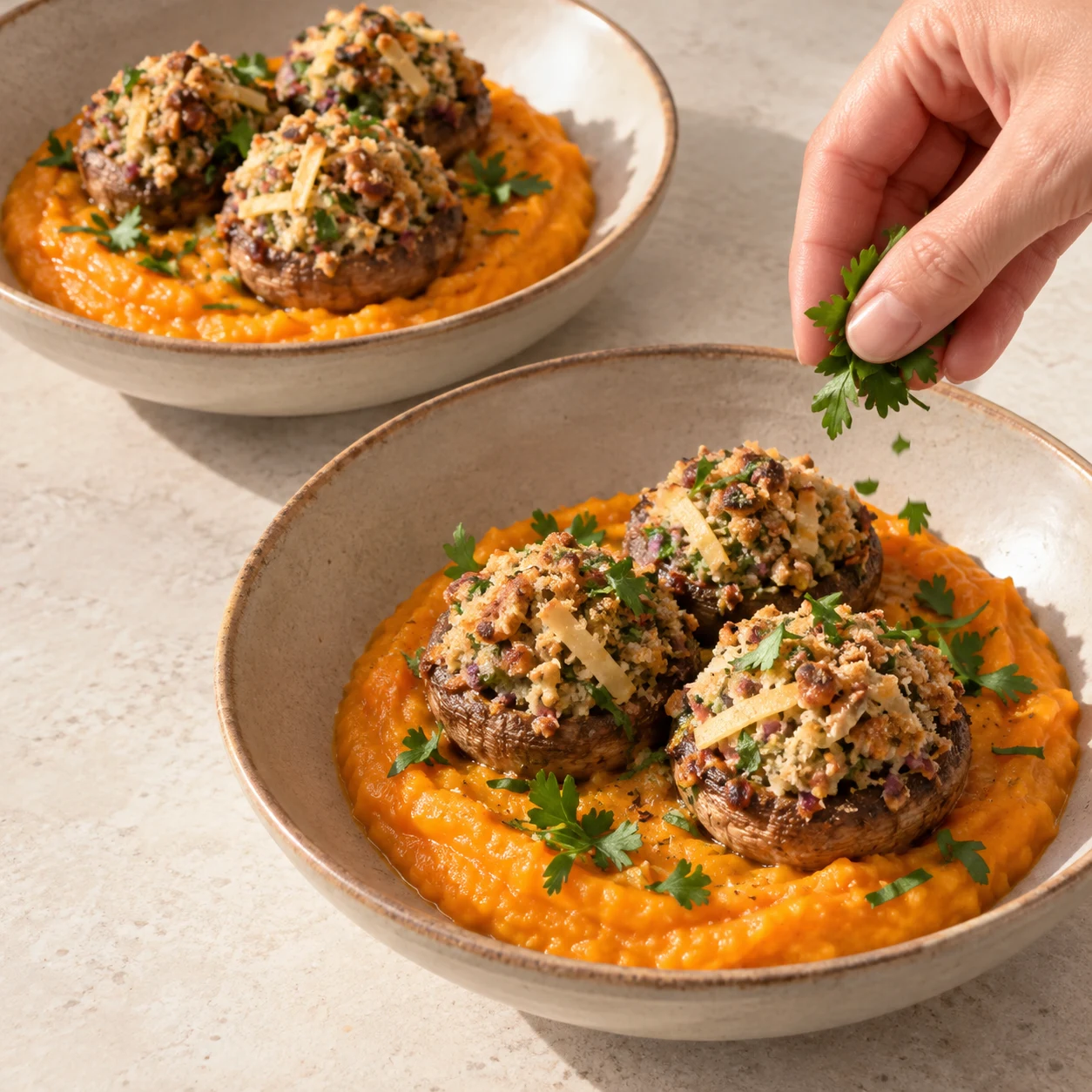 Une photographie pédagogique du geste « Servir les champignons sur la purée » et de son résultat : Chaque assiette contient de la purée et trois champignons farcis. Fidélité aux ingrédients végétaux finaux, sans autre ingrédient.