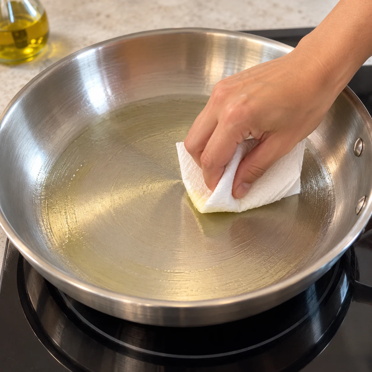 Mains anonymes frottant une poêle en inox avec du papier de cuisine légèrement huilé.