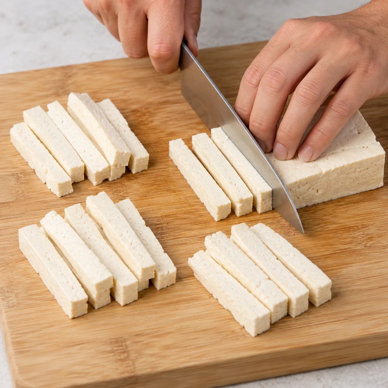 Tailler le tofu nature : Quatre parts de bâtonnets sont prêtes, avec le moins de brisures possible.