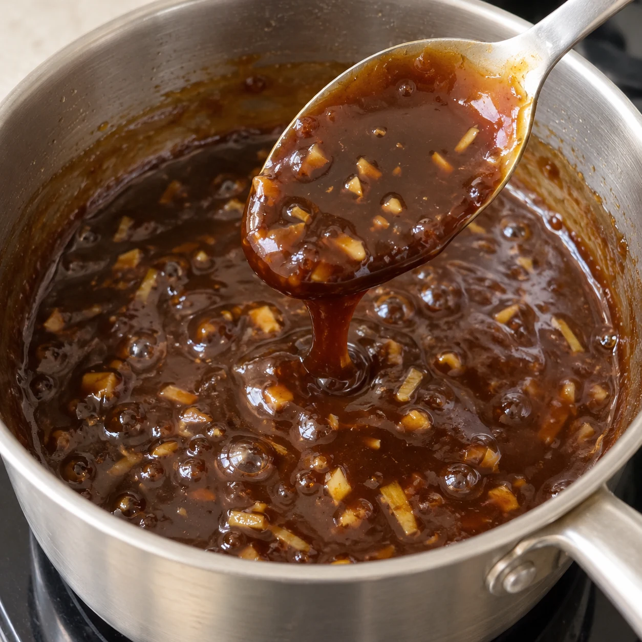 Sauce brune brillante et épaissie dans une casserole, petits aromates visibles.