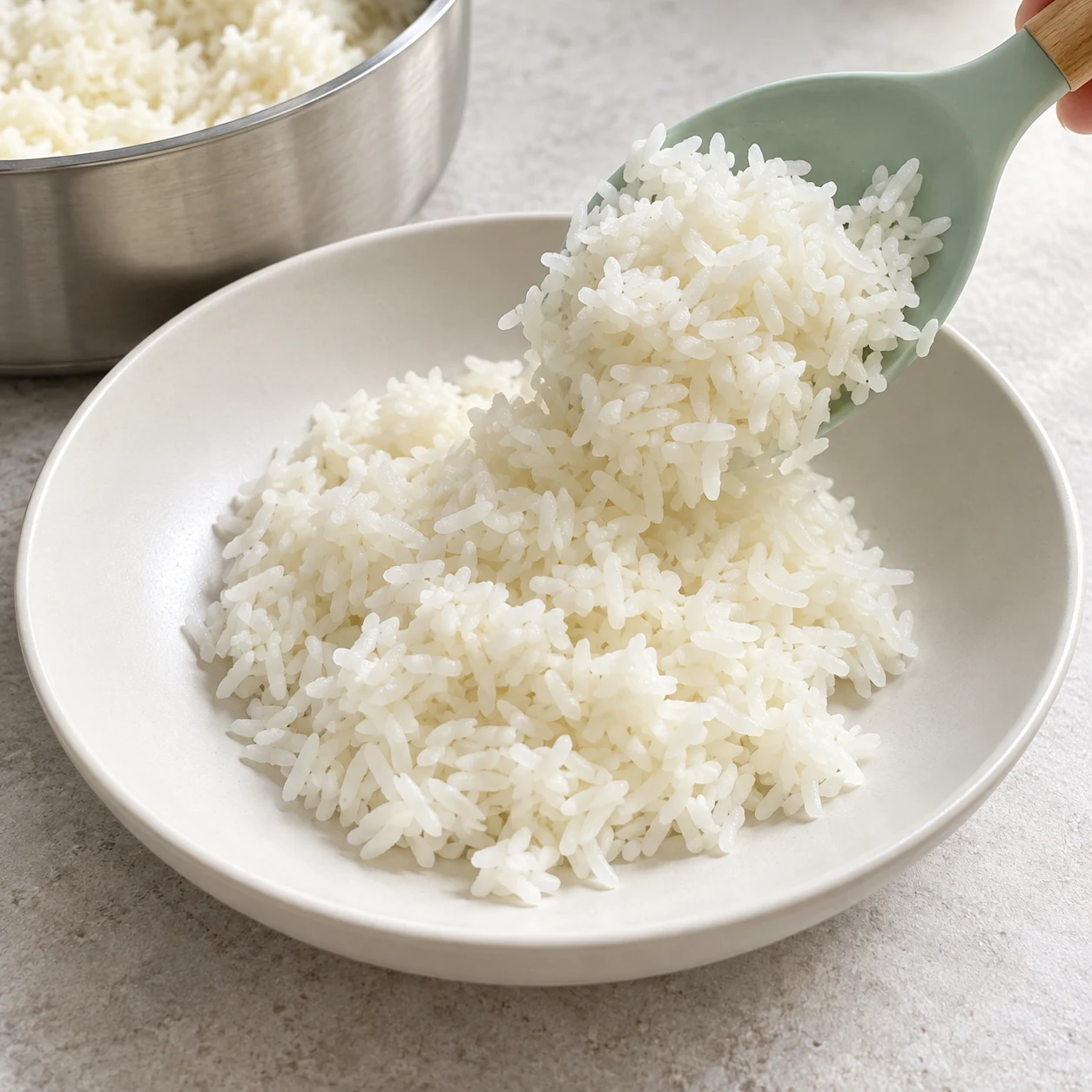 Cuillère servant du riz blanc long dans une assiette blanche neutre.