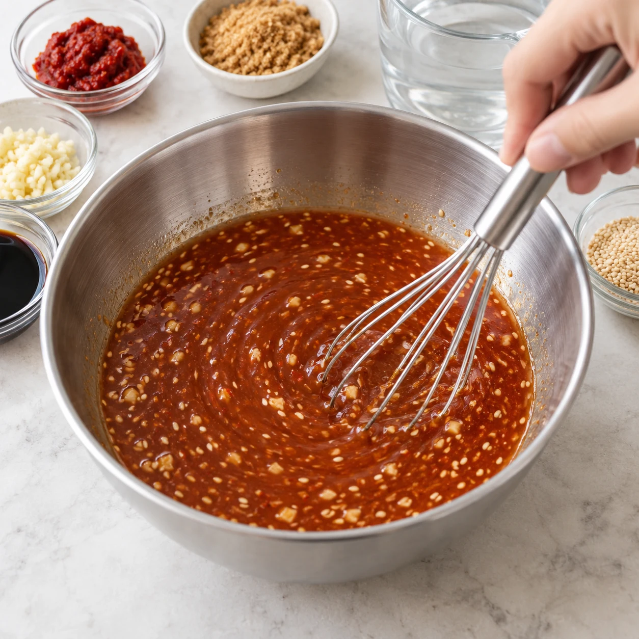 Mélanger la sauce : La pâte rouge est diluée et la sauce est homogène.