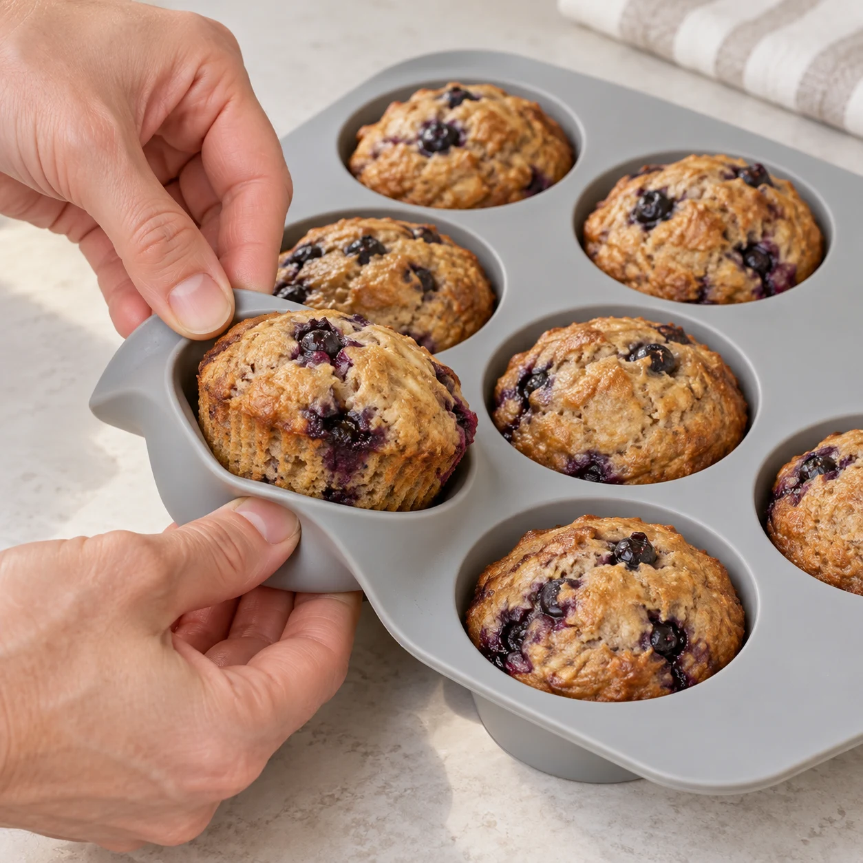 Une main adulte anonyme décolle le bord souple d’une alvéole en silicone et démoule un muffin cuit à la banane-myrtilles.