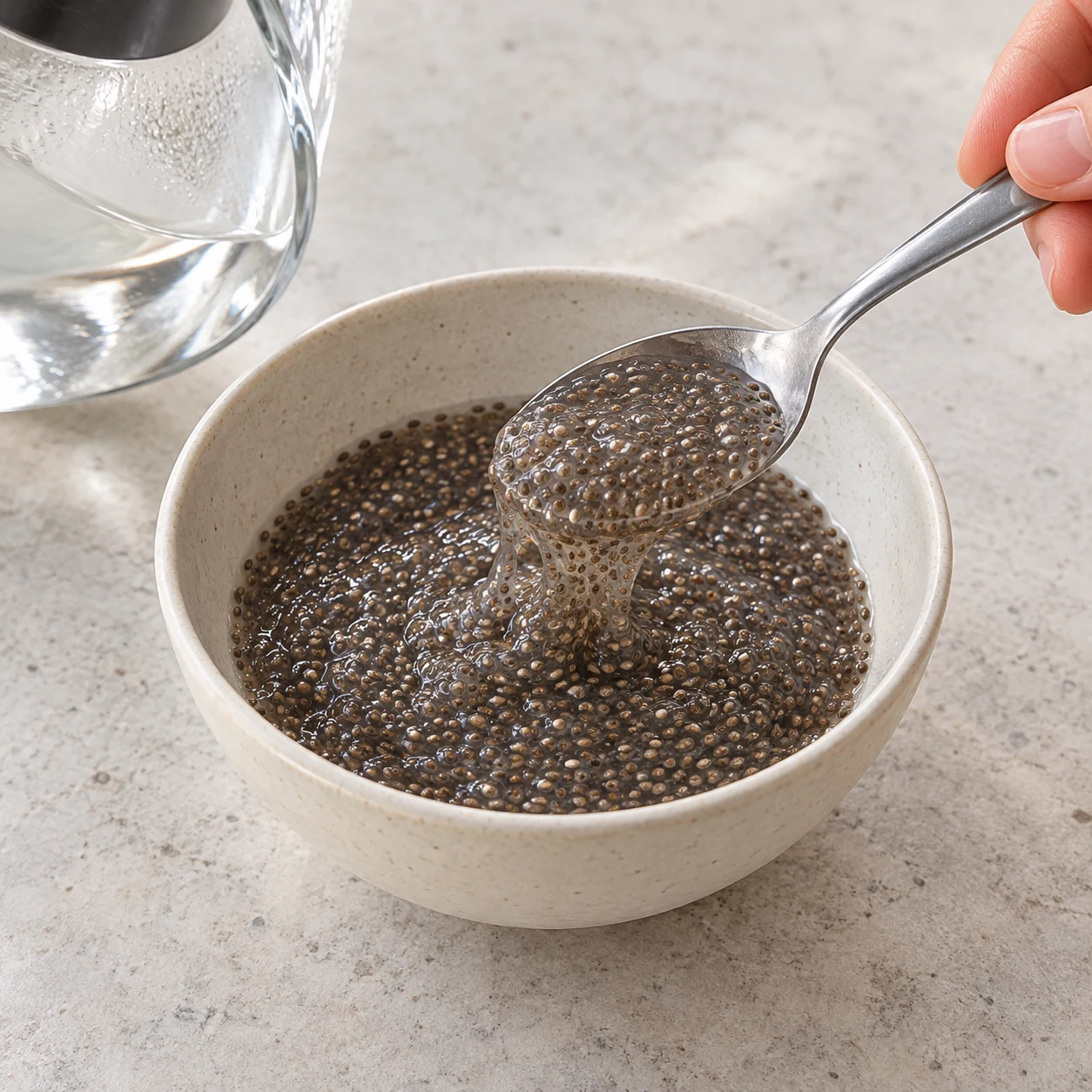Petit bol neutre de gel de chia brun-noir légèrement translucide, aucune autre nourriture.