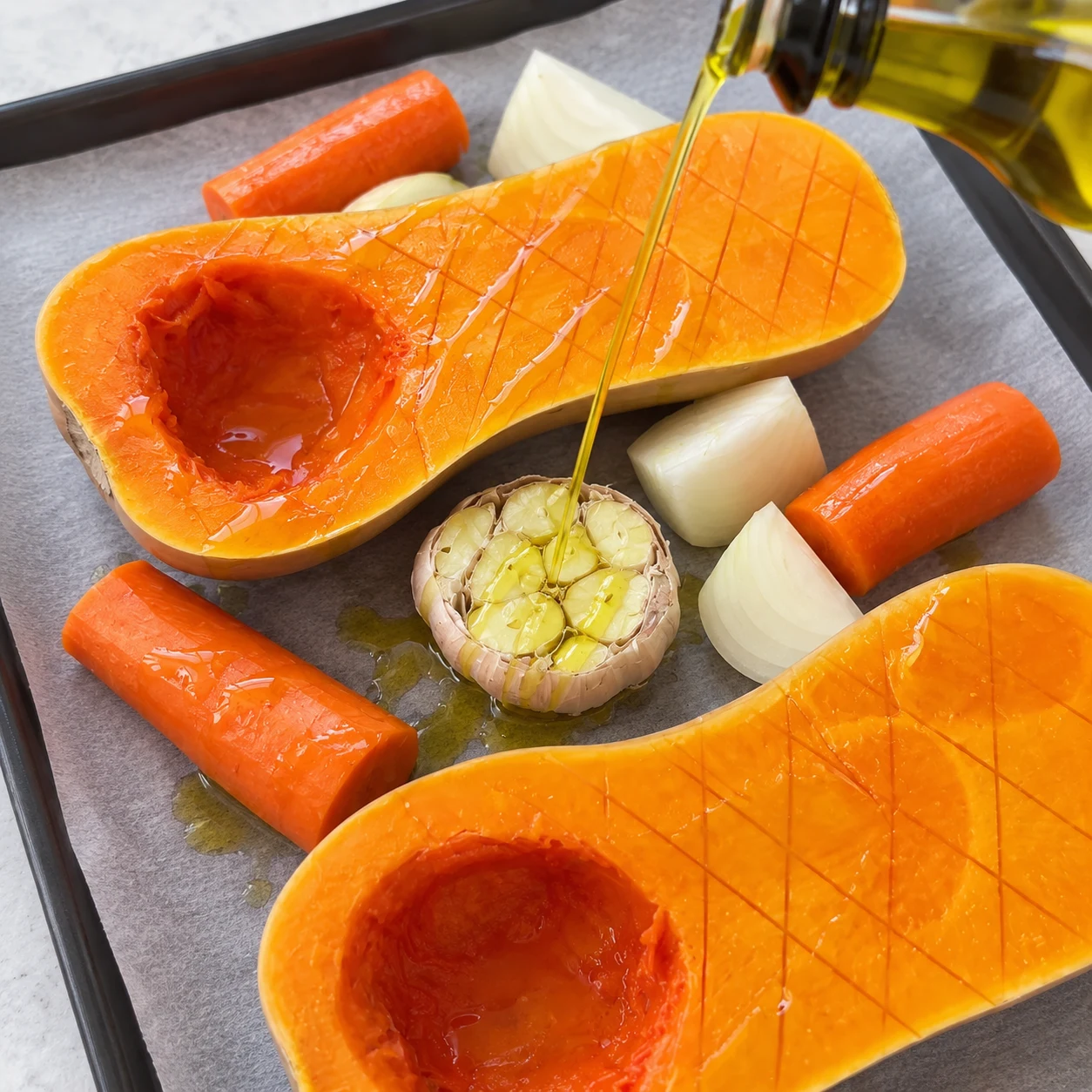 Arrosez les légumes d’un filet d’huile d’olive, en insistant sur la face coupée de la tête d’ail. Montrer une seule phase et uniquement les ingrédients cités.