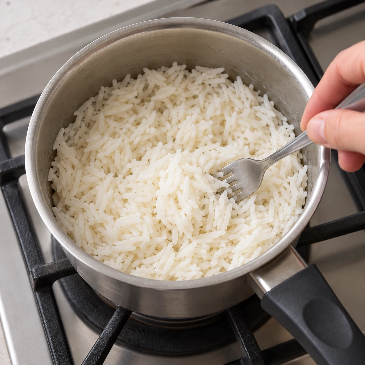 Riz blanc cuit dans une petite casserole, grains tendres et séparés.