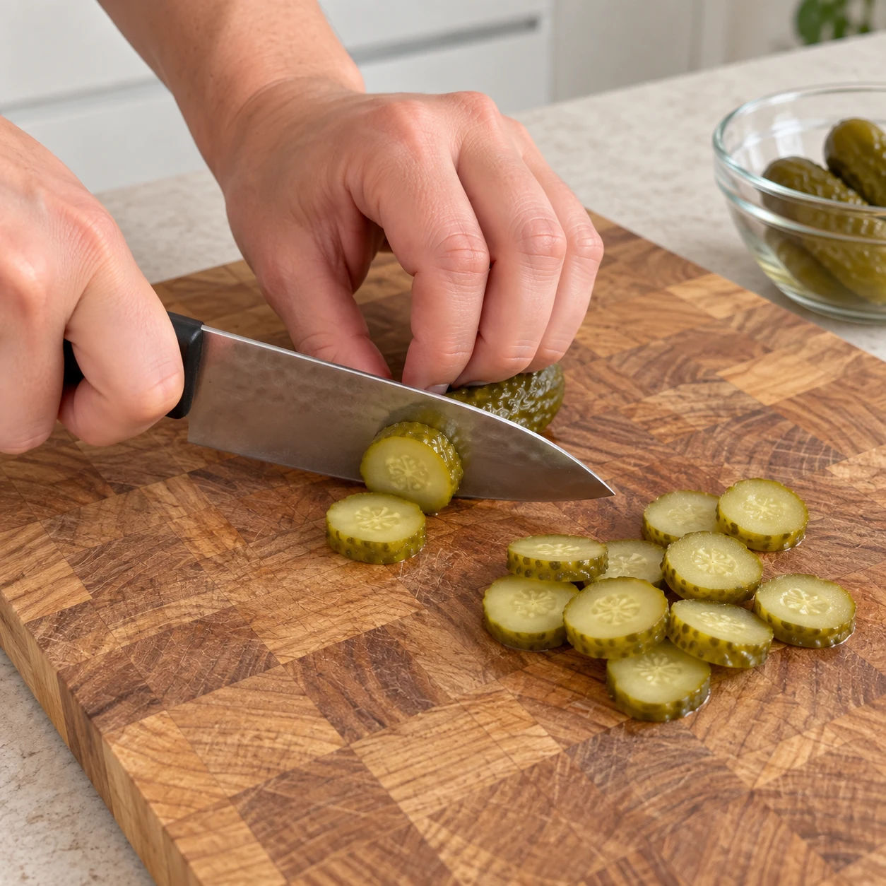 Main en griffe coupant un cornichon aigre-doux en rondelles sur planche.