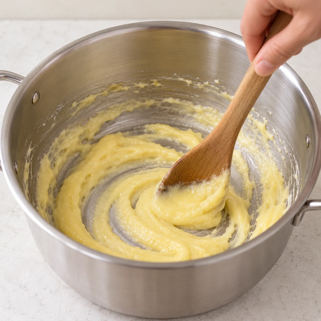 Cocotte en inox, margarine fondue jaune mélangée à la fécule de maïs blanche avec une cuillère en bois.