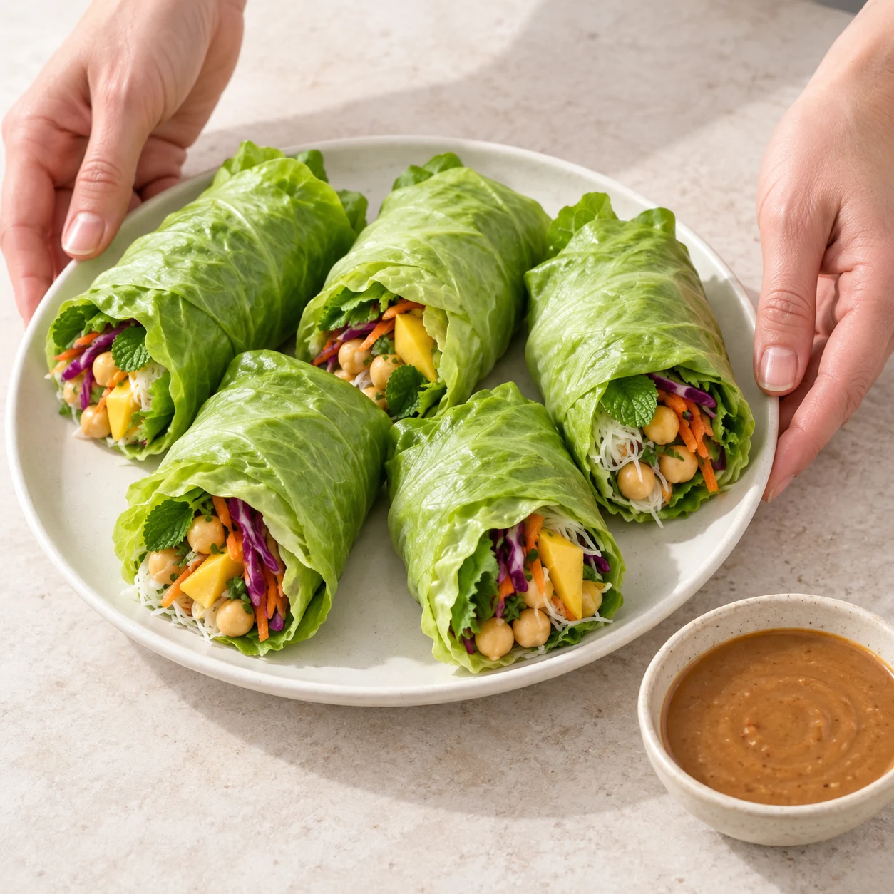 Une seule action : Servir les rouleaux de laitue. Les cinq rouleaux restent fermés sur le plat et la sauce est servie séparément. Seulement Laitue blonde fraîche en grandes feuilles, Menthe fraîche, Salade verte, Carotte, Chou rouge, Mangue bien mûre, Ciboulette fraîche, Vermicelles de riz secs, Pois chiches cuits égouttés. Toute enveloppe est de la laitue verte opaque. Supprimer toute feuille de riz et toute crevette de la capture de référence. Le geste vient de l’adaptation explicitement documentée, pas du geste filmé. Sauce cacahuète mélangée à part dans un petit bol, sans garniture ajoutée.