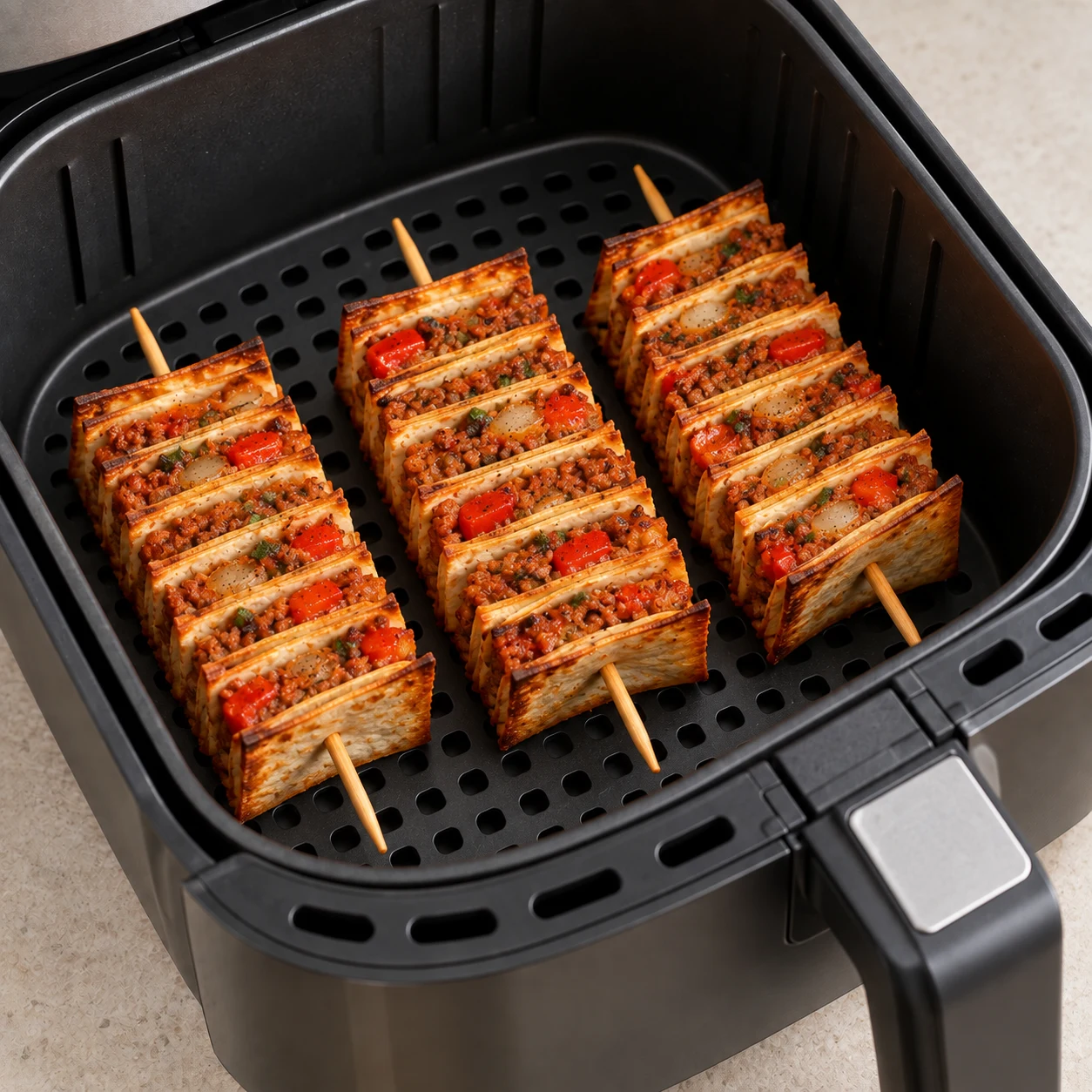 Faites cuire les brochettes au air fryer à 180 °C pendant les 15 minutes annoncées par la source. Vérifiez que le cœur est chaud et que les bords des tortillas sont dorés ; le haché utilisé est une préparation de soja déjà cuisinée. Montrer uniquement cette phase, sans texte ni personne identifiable ; soja cuisiné brun-rouge émietté, jamais viande rose.
