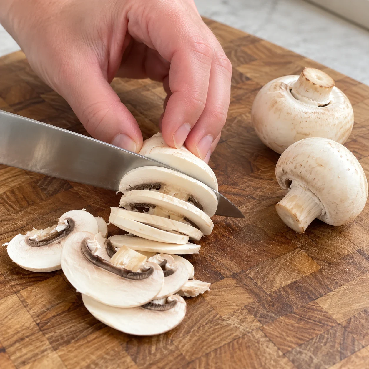 Champignon de Paris cru découpé en fines lamelles avec prise en griffe sûre.