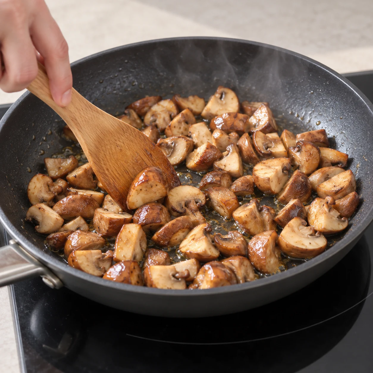 Poêler les champignons : Les morceaux de champignon sont attendris et commencent à colorer.