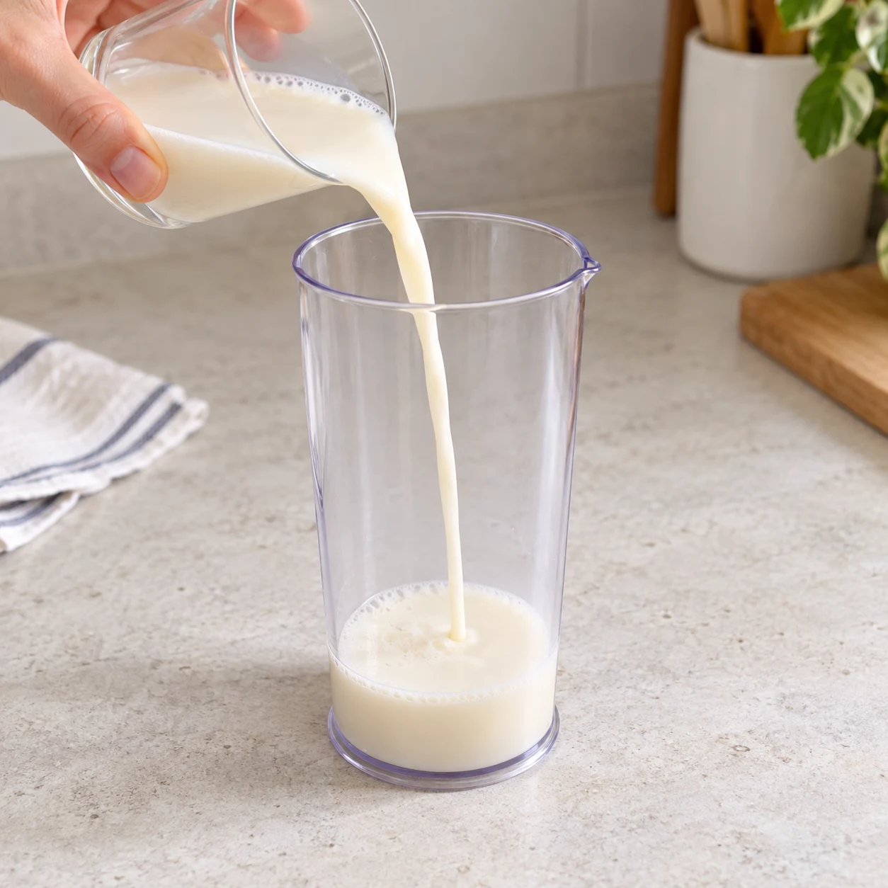 Boisson soja blanche versée dans un petit récipient haut et étroit.