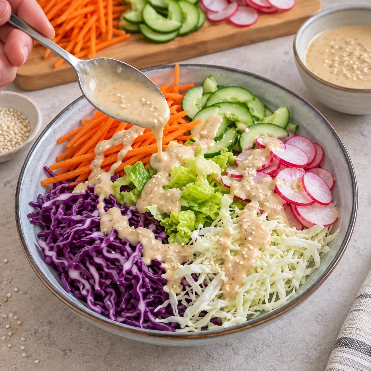Cuillère versant la sauce végétale au sésame sur la salade japonaise aux deux choux.