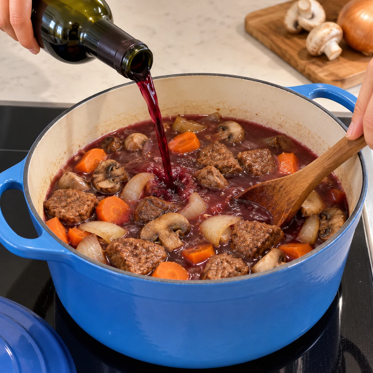 Bouteille de vin rouge versée en filet dans une cocotte en fonte bleue remplie de steak végétal et de légumes farinés.