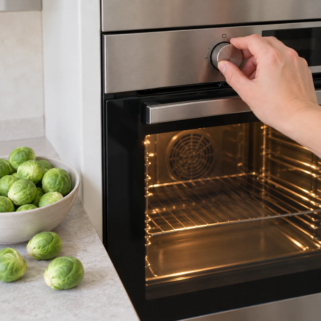 Four en préchauffage, choux de Bruxelles crus sur le plan de travail clair ; aucun légume en cuisson.