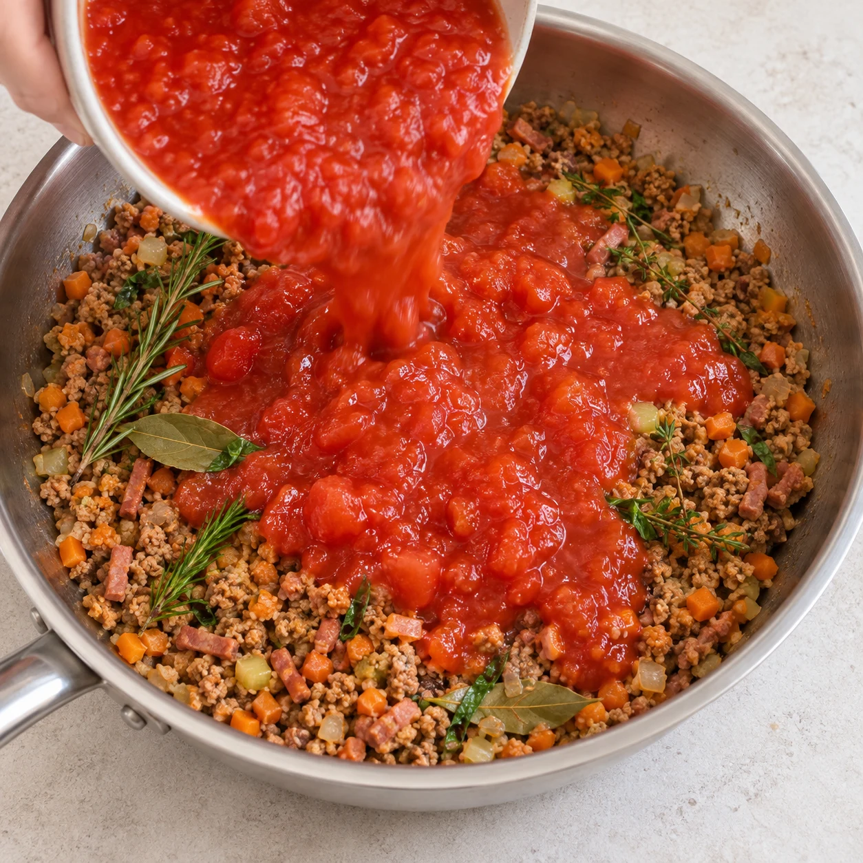 Versement de tomates concassées rouges dans le ragù végétal.