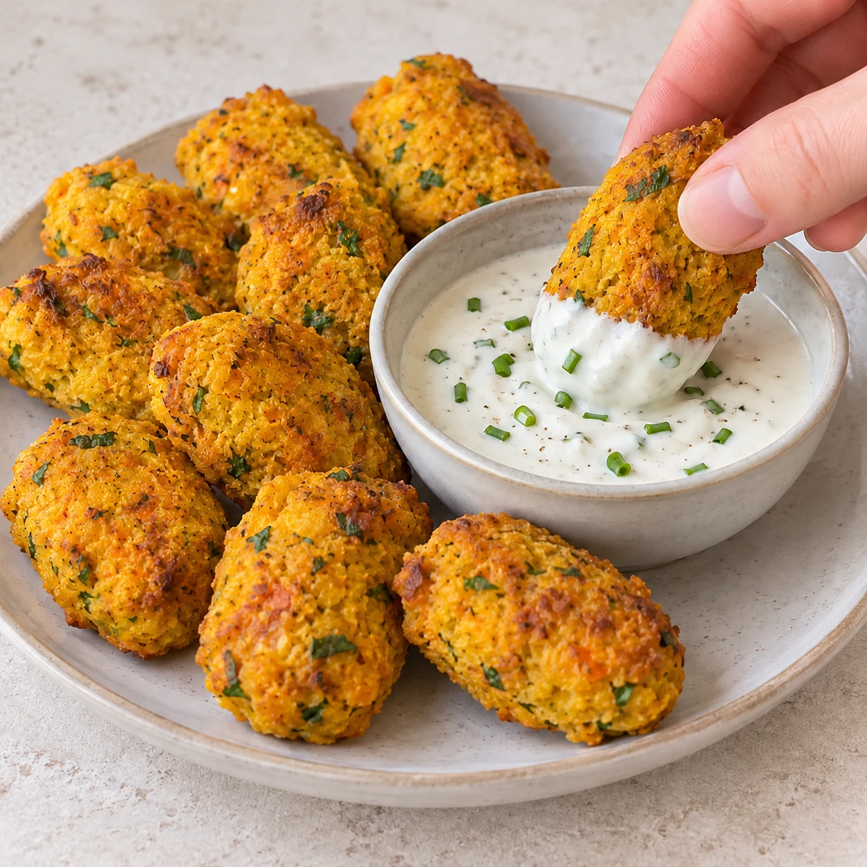 Servir les nuggets et la sauce pour les nuggets de lentilles corail et carottes