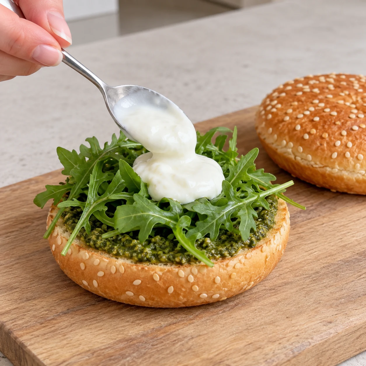 Burger ouvert avec pesto vert au miso et roquette ; cuillère déposant un peu de yaourt de soja blanc crémeux, sans boule ni filaments de burrata. Les pains réellement disponibles sont parsemés de graines de sésame ; ne pas ajouter de sésame ailleurs.