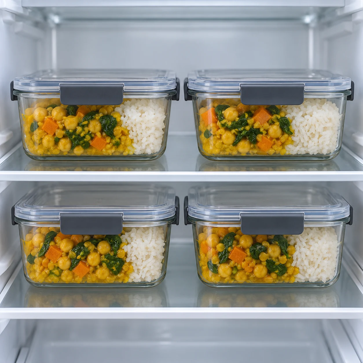 Quatre boîtes en verre fermées, curry jaune de pois chiches carottes épinards et riz blanc, sur tablette du réfrigérateur propre.
