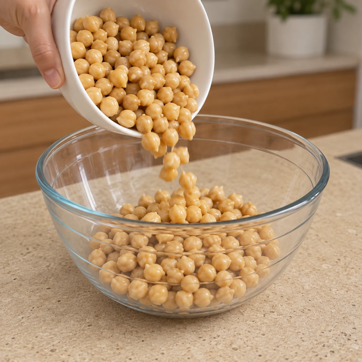 Pois chiches beige clair cuits, versés dans un saladier en verre.