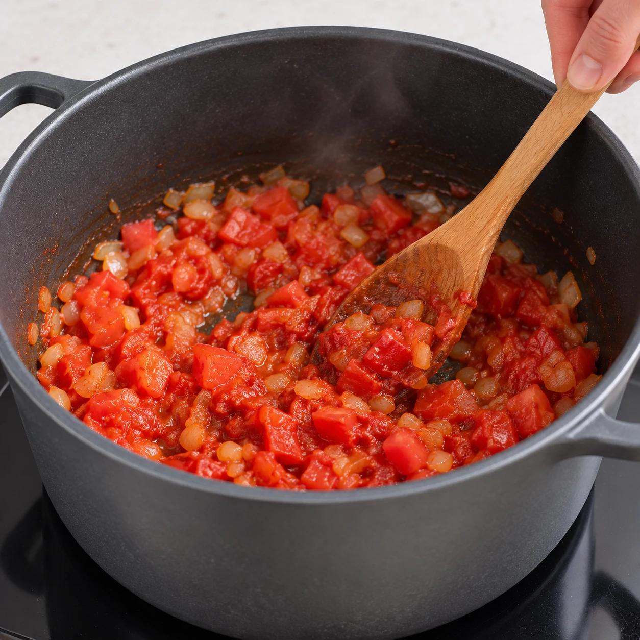 Cuillère déposant le concentré rouge dans la cocotte avec oignon et tomate.