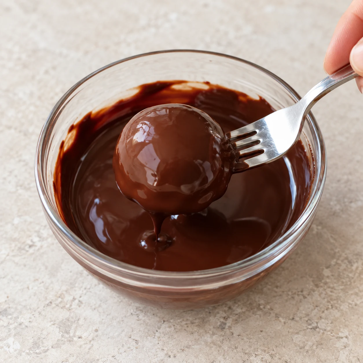 Une fourchette soutient un dôme glacé en cours d’enrobage dans le chocolat fondu.