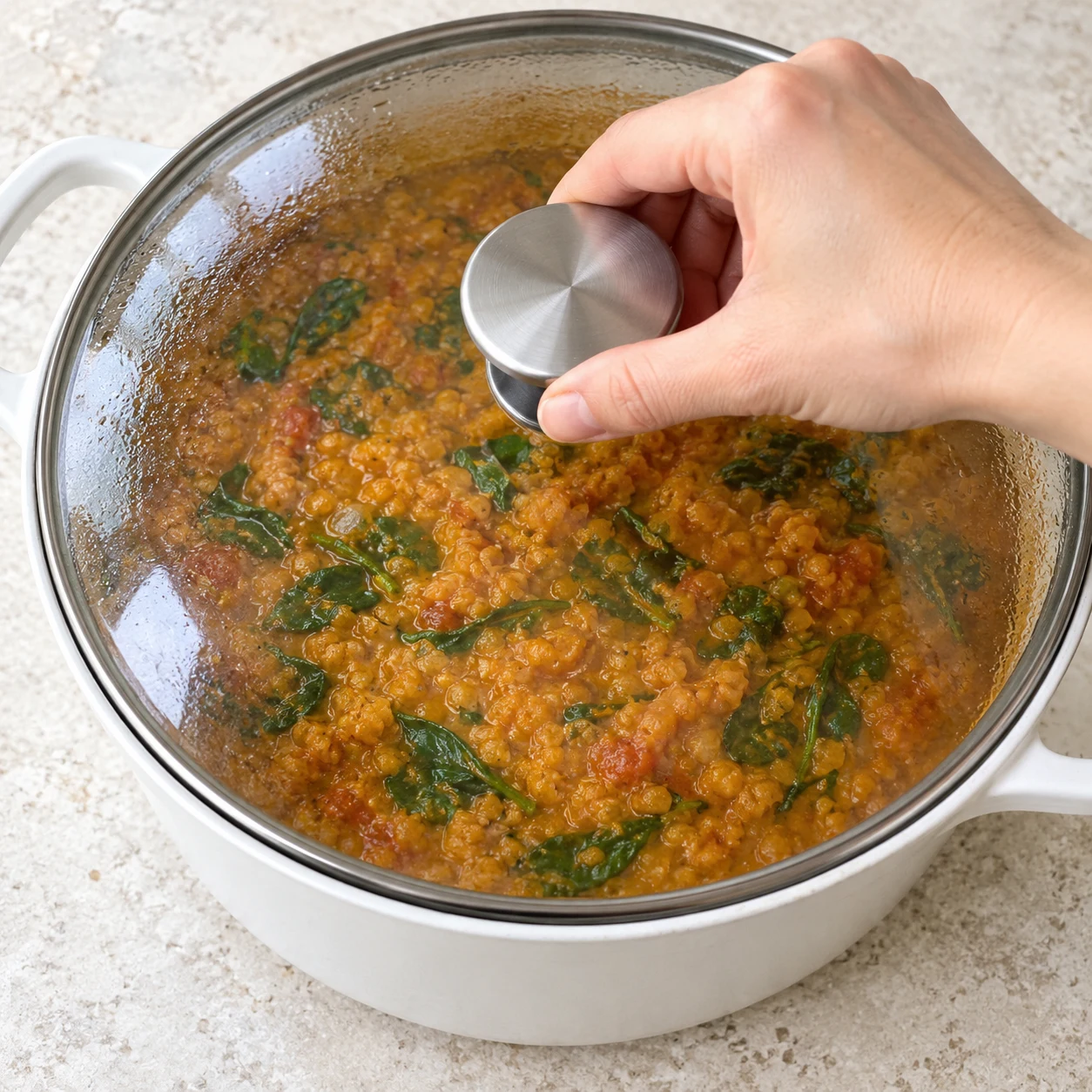 Cocotte blanche couverte, dhal épais et épinards visibles par couvercle de verre sans texte.