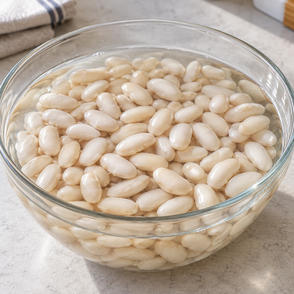 Faire tremper les haricots : La veille, mets les 500 g de haricots blancs secs dans un grand saladier et couvre-les largement d’eau. Laisse-les tremper 24 heures. Repère final : Les haricots ont gonflé après 24 heures de trempage.