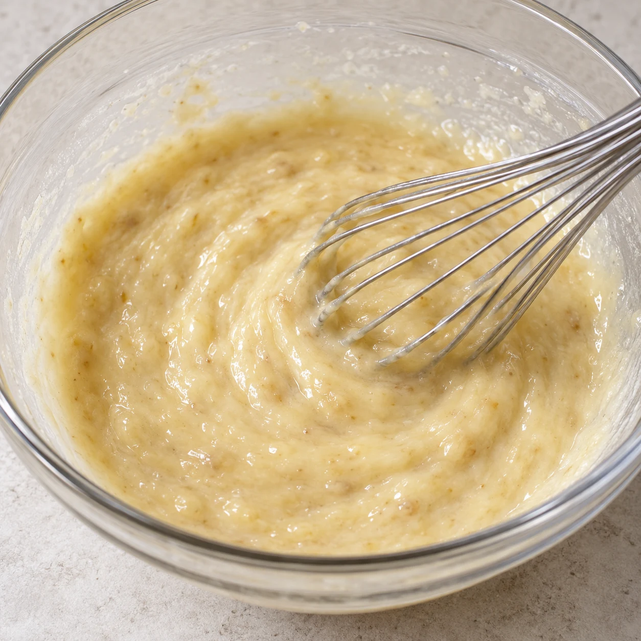 Base de banane, de sirop et de yaourt mélangée au fouet.