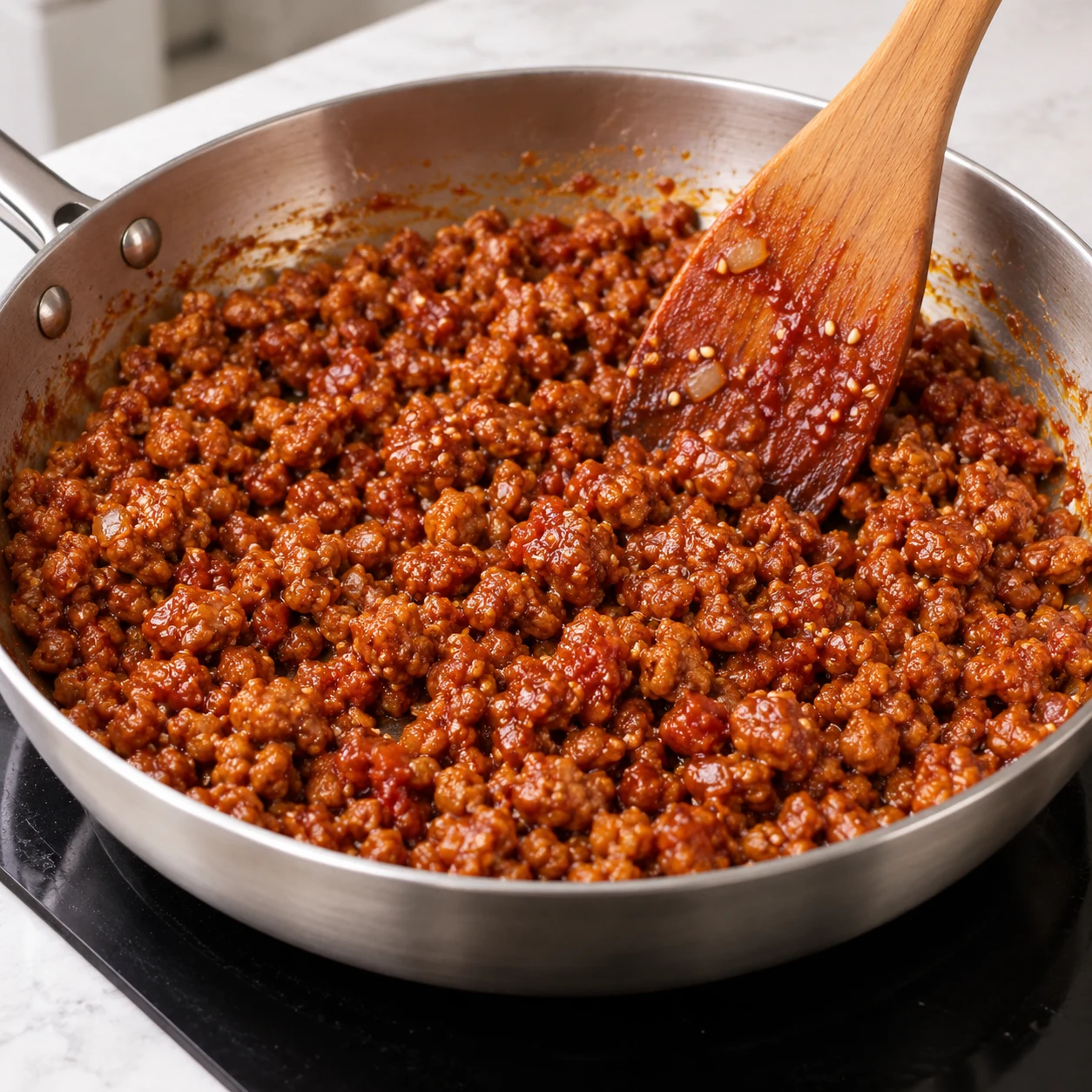Caraméliser avec la sauce : La sauce rouge adhère aux haché et ne forme plus de liquide libre.