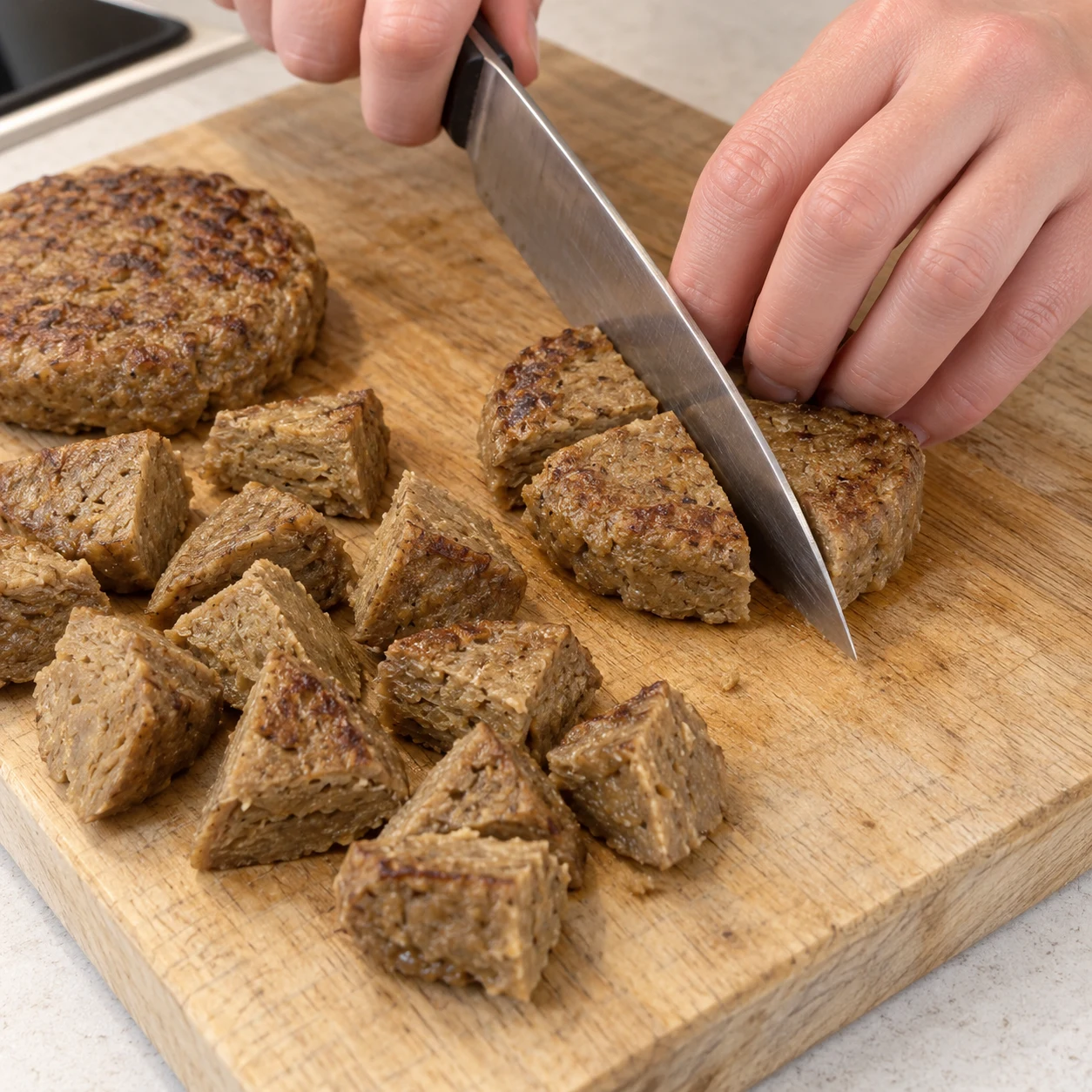Planche à découper en bois, steaks végétaux bruns coupés en quatre morceaux d'une bouchée, une main adulte tient un steak pendant que le couteau le coupe.