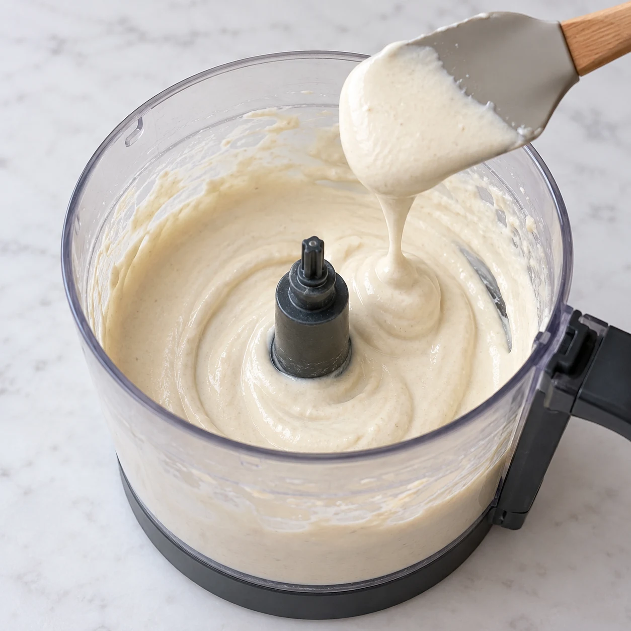 Crème beige très claire de cajou et soja homogène, dans un bol de mixeur. Aucune feta ni tofu.