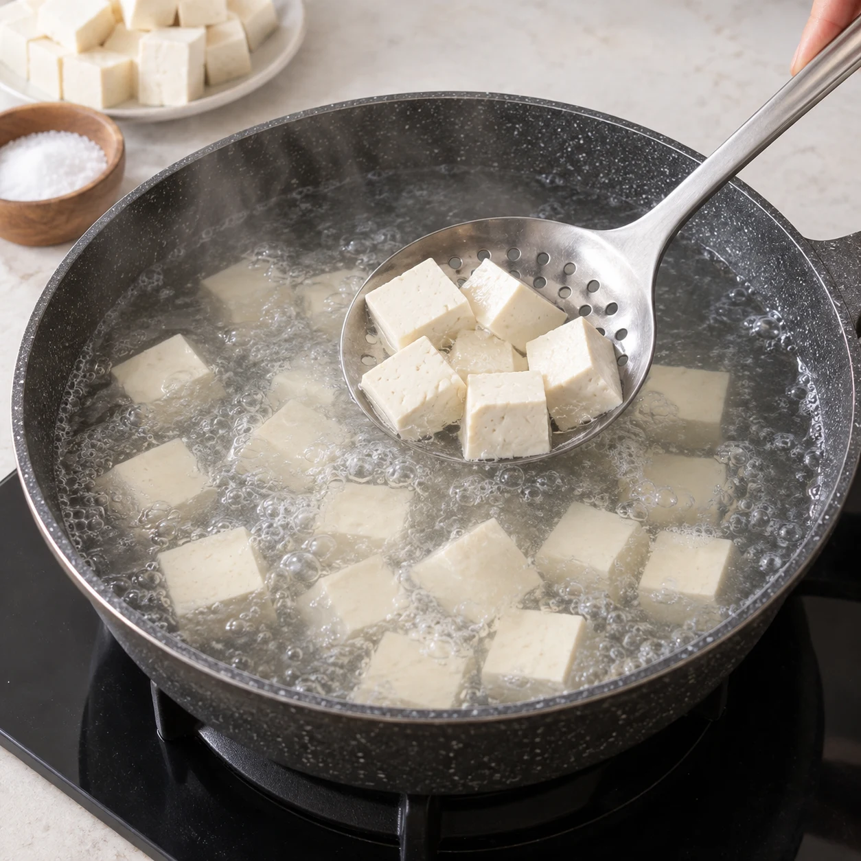 Dés de tofu immergés dans l’eau frémissante, main anonyme les déposant.