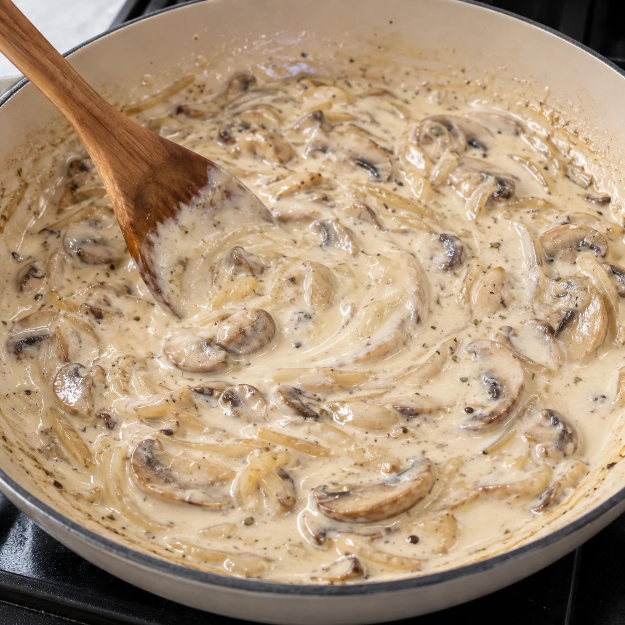 Incorporez les 150 ml de crème de soja cuisine jusqu’à obtenir une sauce homogène. Montrer seulement l’action et cet état de cuisson.