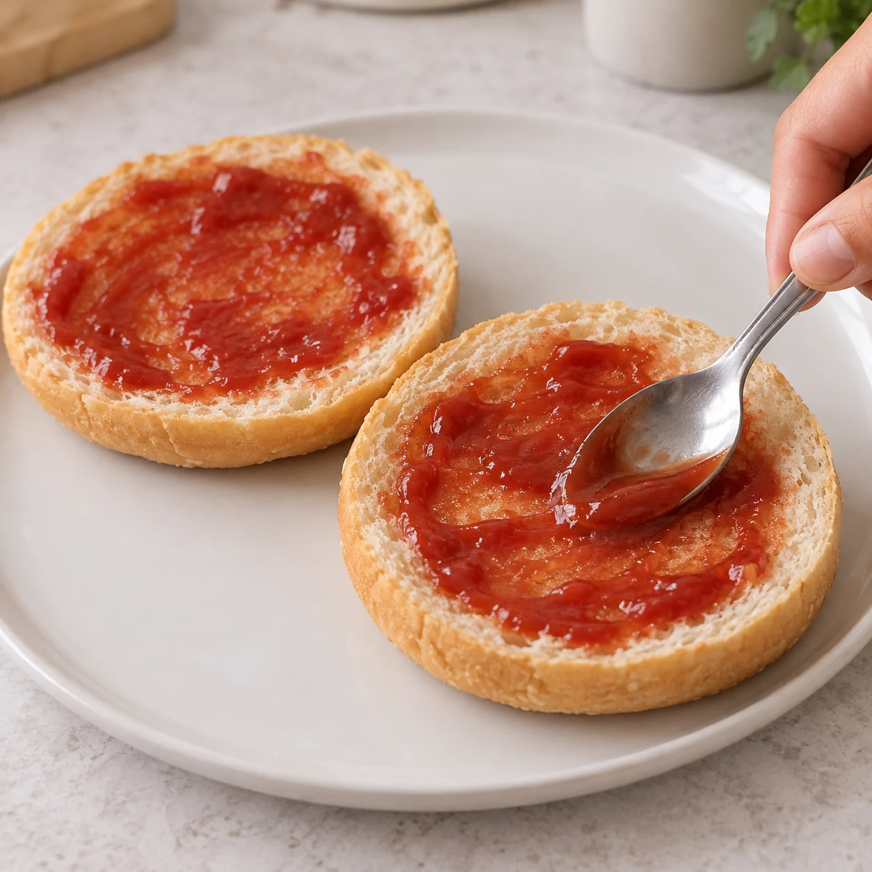 Tartiner les pains. Ouvre les deux pains et étale un peu de ketchup sur leur face intérieure. L’intérieur des pains est légèrement nappé de sauce.. Petits morceaux de haché de soja cuisiné, pas de fibres longues.