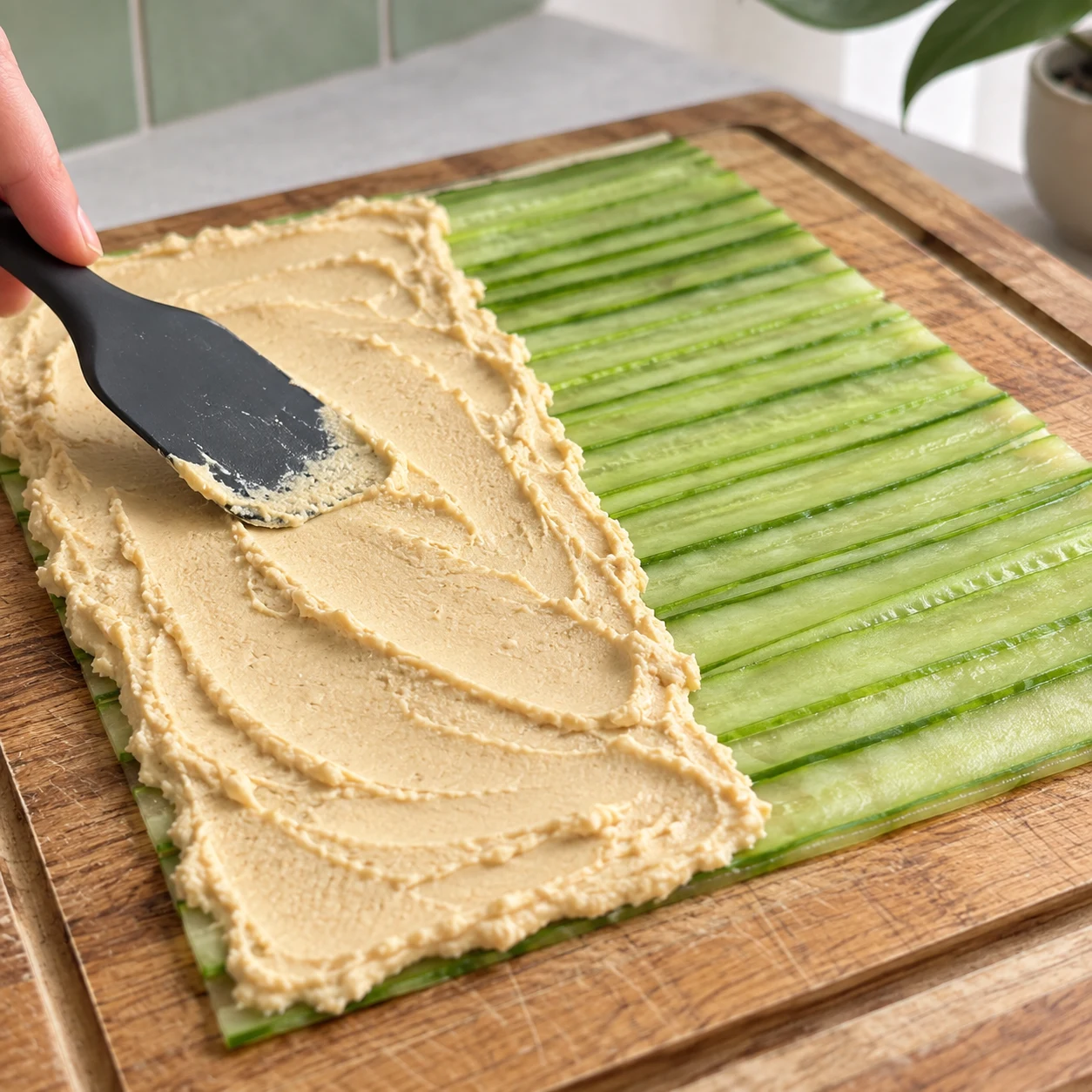 Étaler le houmous : Une moitié de la nappe est couverte de houmous, l’autre reste libre.