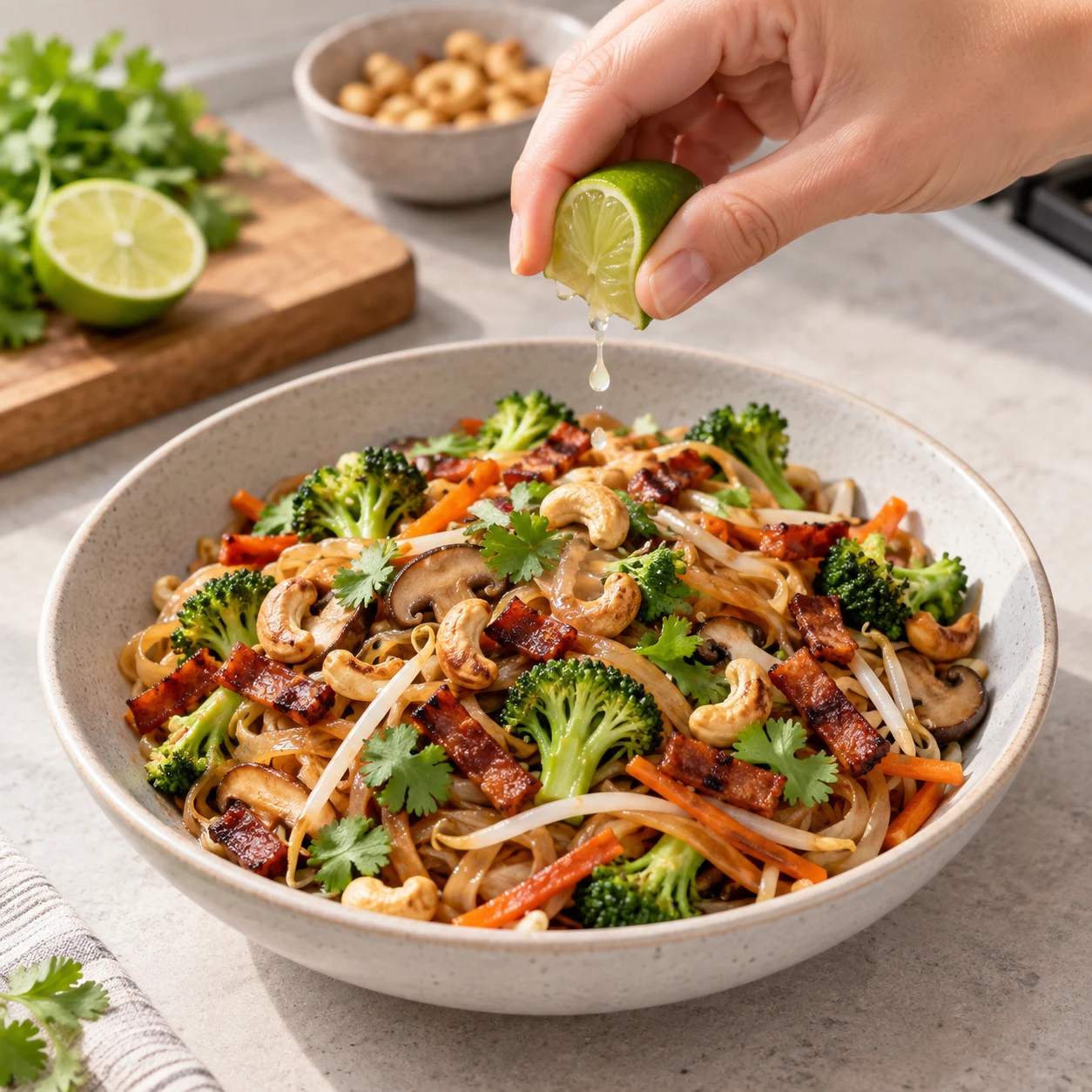 Main anonyme pressant du citron vert au-dessus d’un bol de nouilles aux légumes et lardons végétaux.