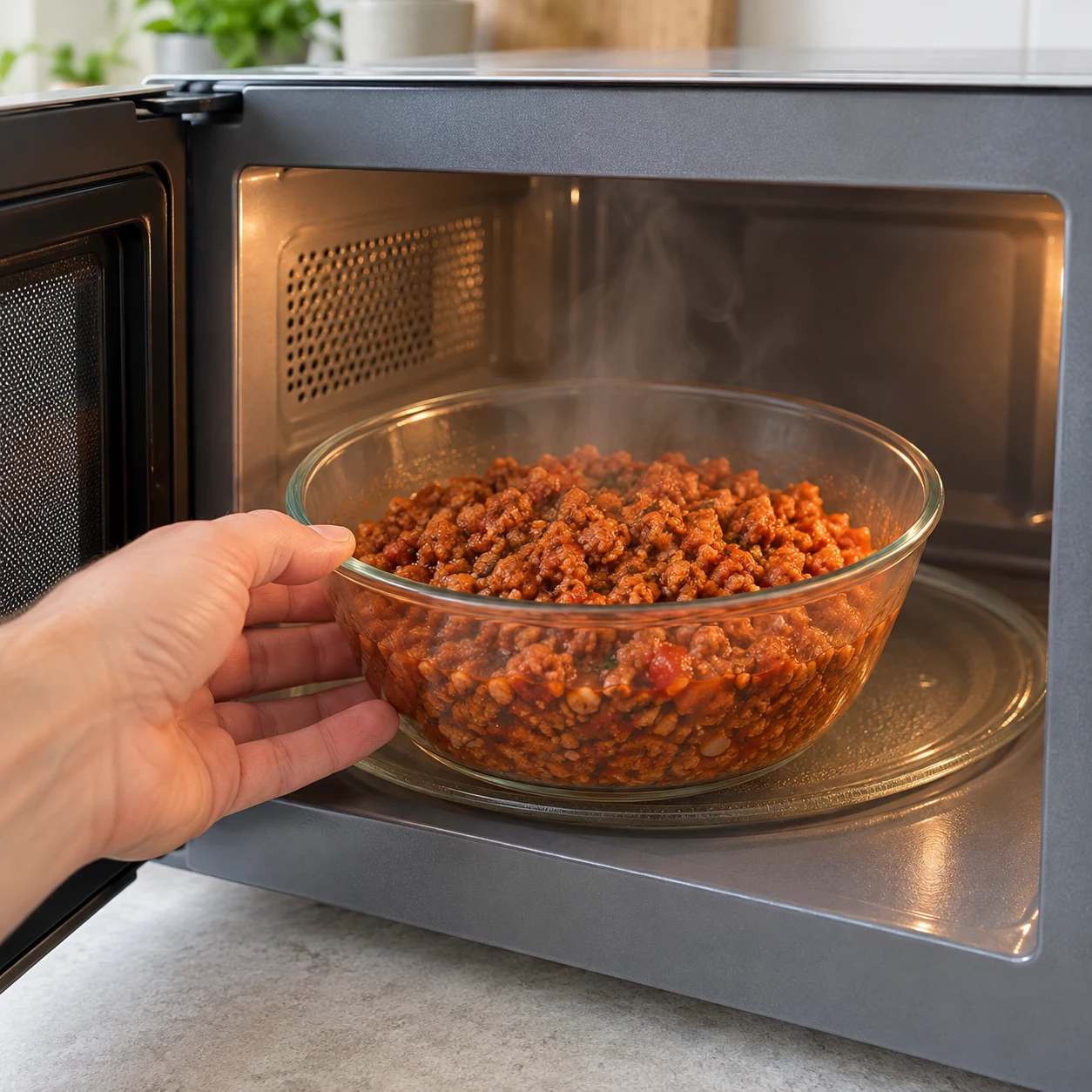 Haché de soja cuisiné à la tomate chaud dans un récipient adapté au micro-ondes, sans paquet ni texte.