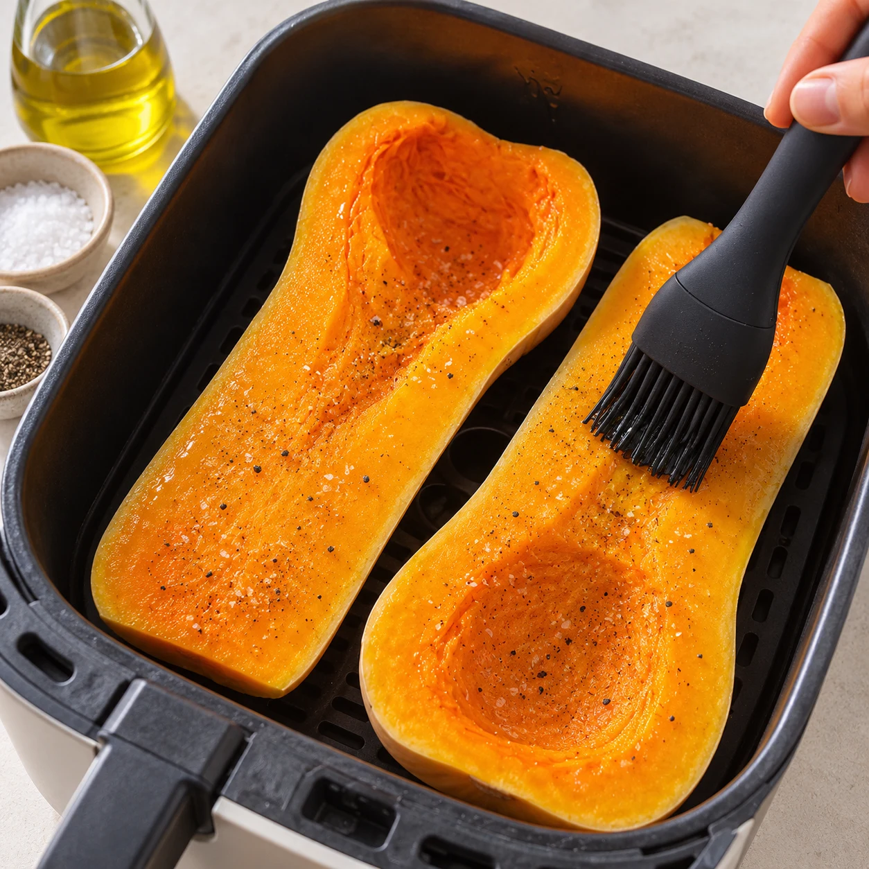 Badigeonne la chair de la courge avec l’huile d’olive et assaisonne de sel et de poivre au goût.