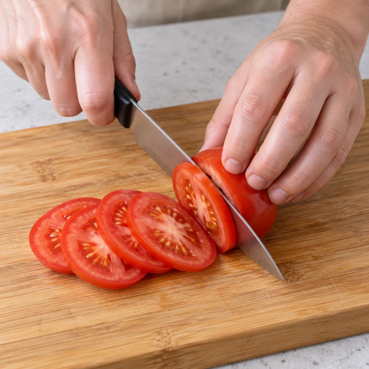 Découpe d’une tomate rouge en tranches régulières sur une planche stable.