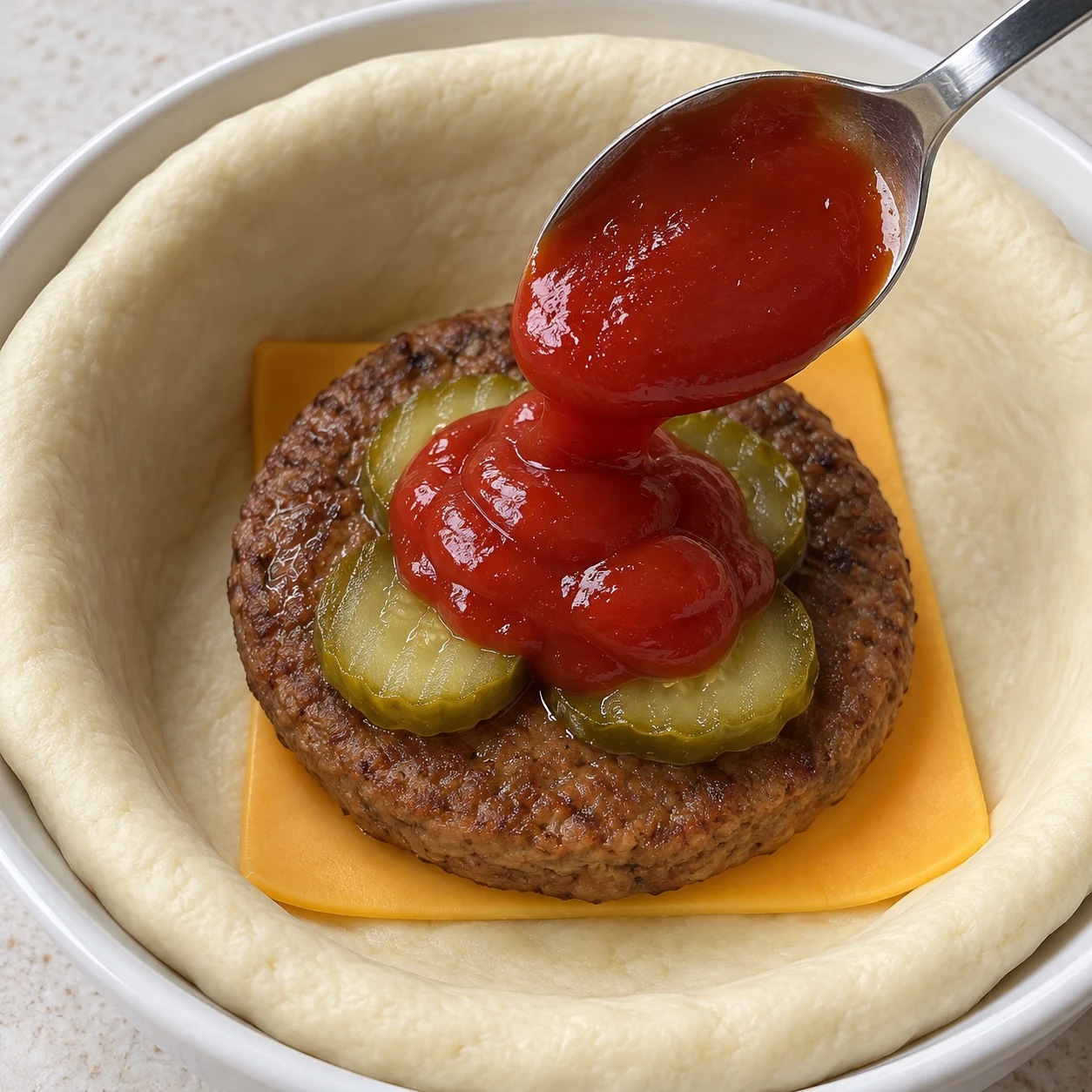Ajoute une belle cuillère de ketchup sur la garniture.