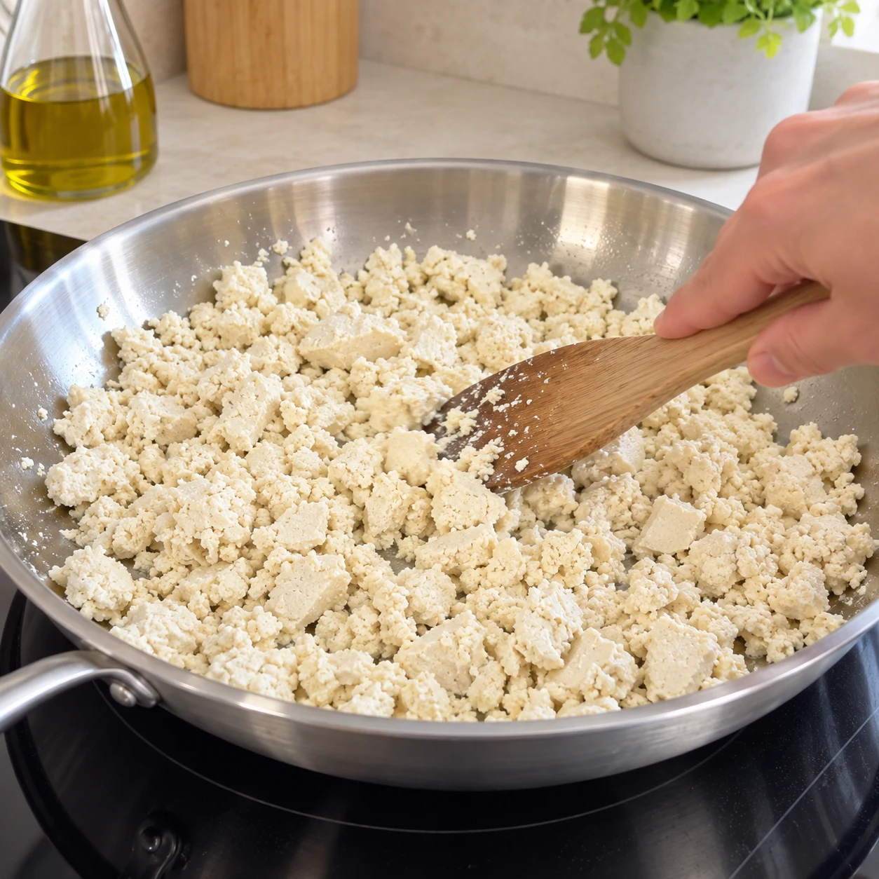 Spatule déplaçant du tofu blanc émietté dans une grande poêle inox.