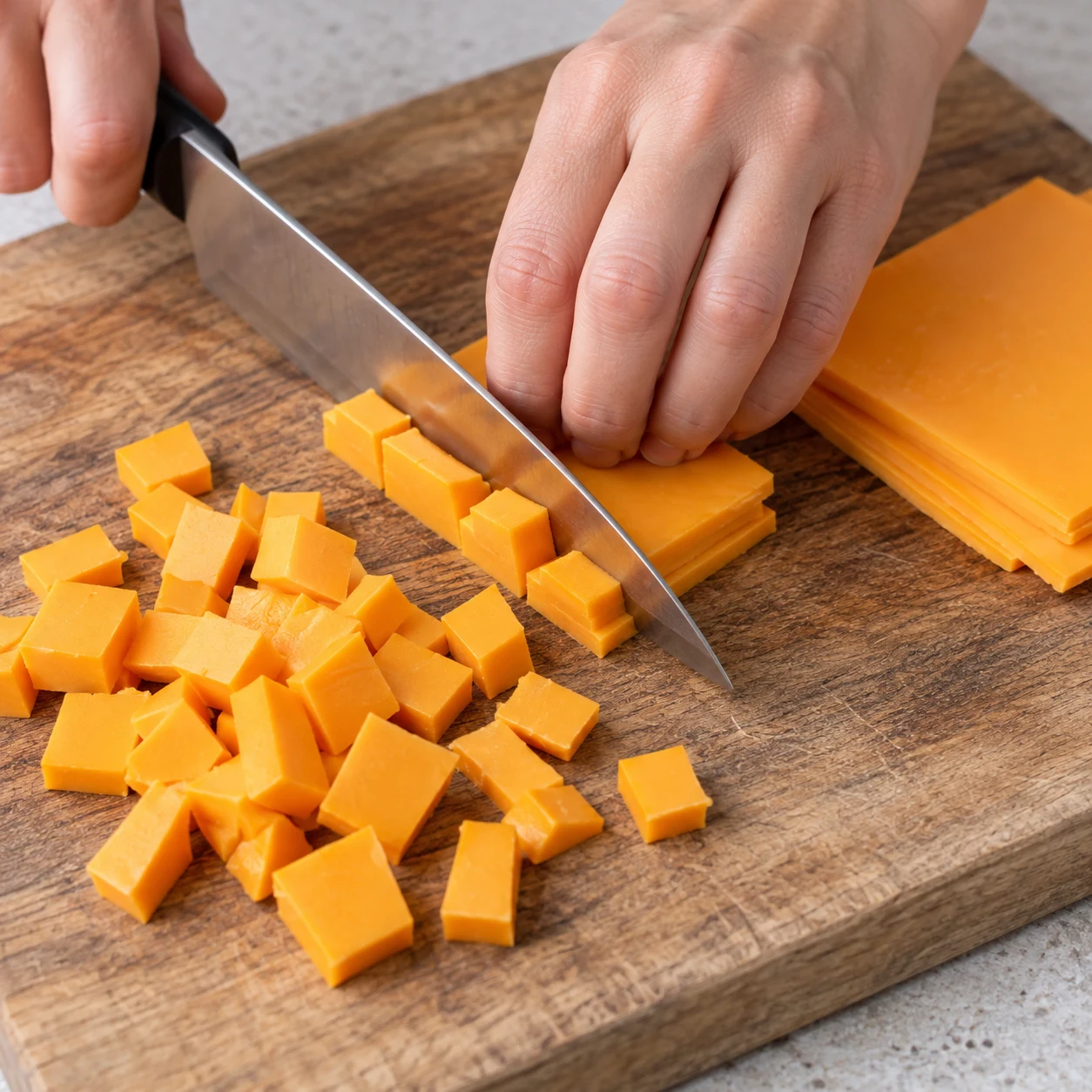 Tranches végétales orangées façon cheddar découpées en petits morceaux sur une planche stable, doigts en griffe. Aucun fromage blanc, aucun légume.
