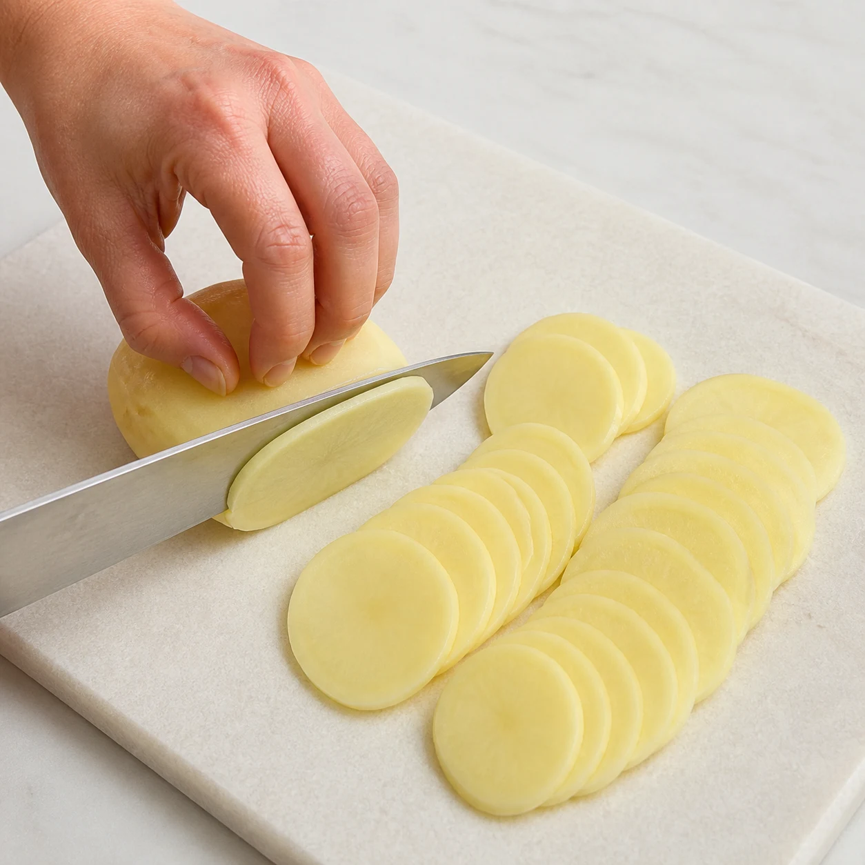 Rondelles très fines de pommes de terre essuyées sur une planche claire.