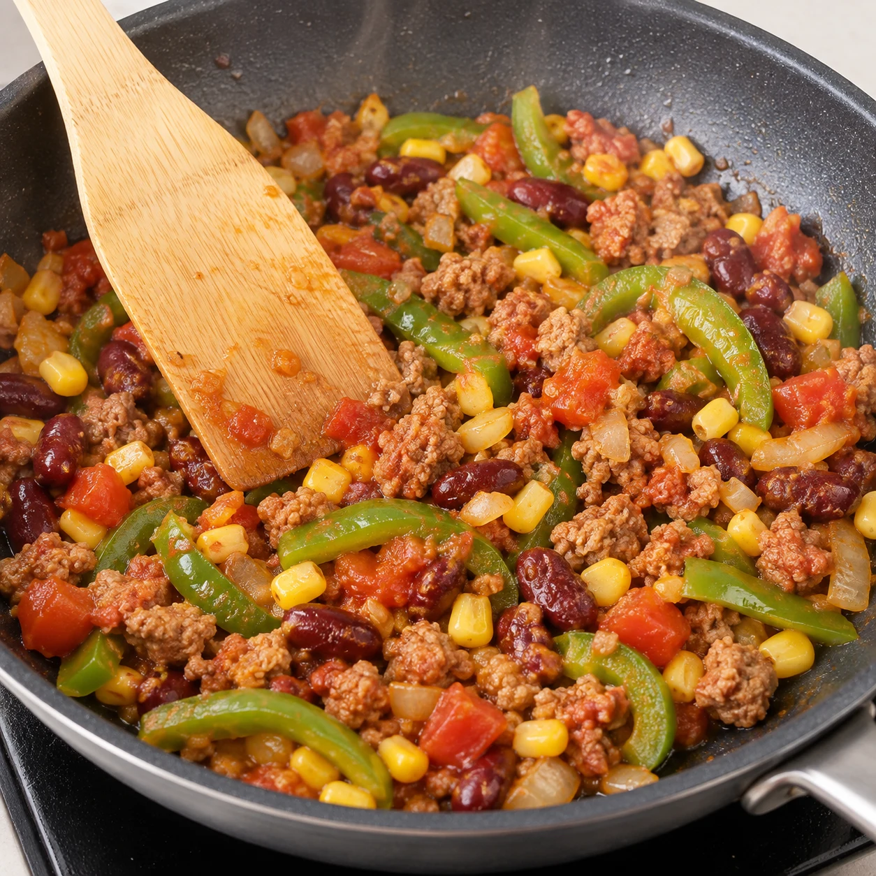 Mélange de légumes et haché végétal en cuisson douce, spatule dans la poêle.