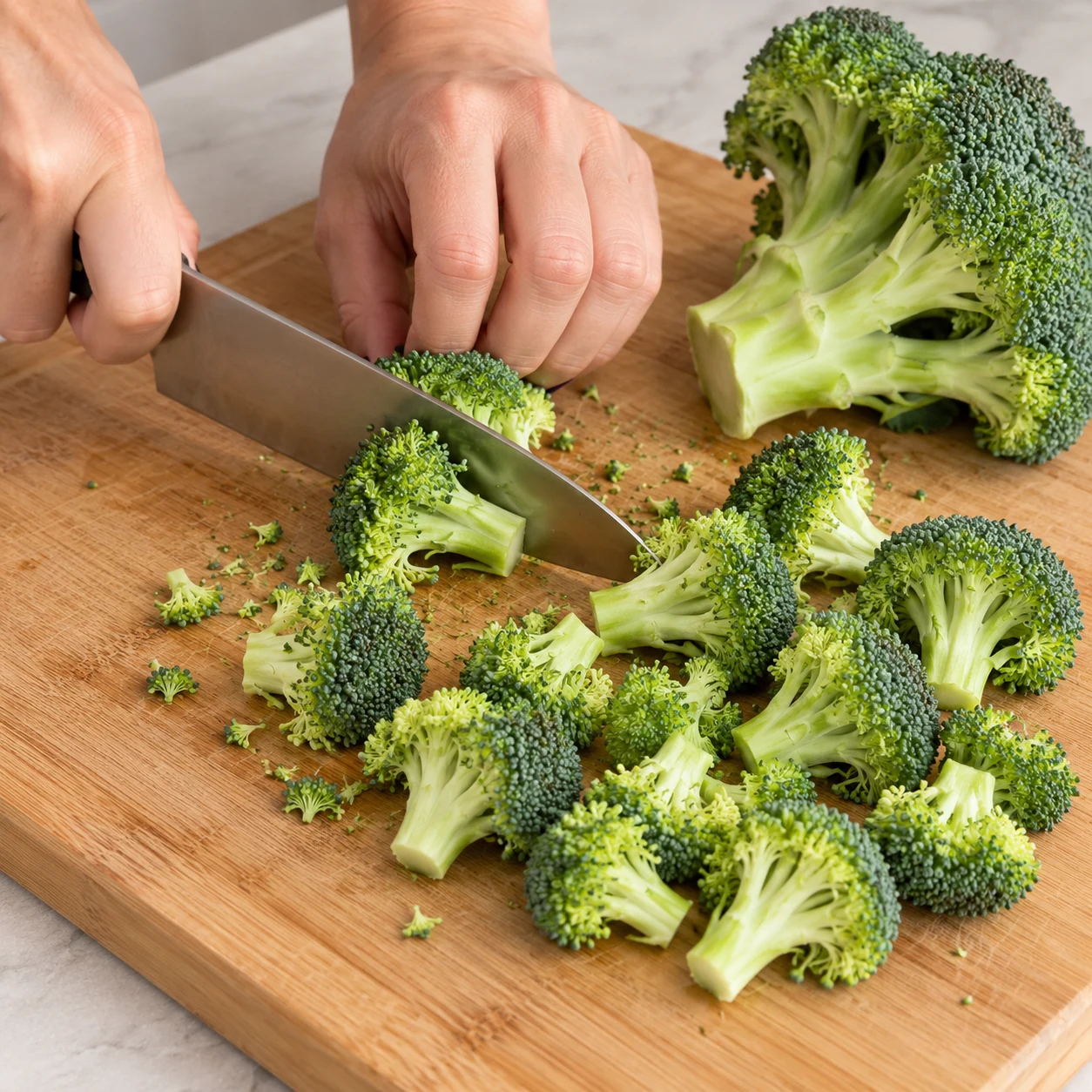 Couper le brocoli : Les fleurons ont une taille régulière et ne sont plus reliés au gros pied. Photographie réaliste, ingrédients finaux uniquement, mains anonymes si le geste l'exige.