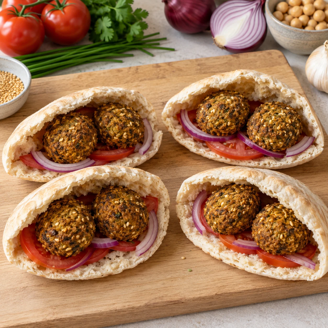 Mettre deux falafels cuits dans chaque moitié de pita, soit huit falafels pour les quatre moitiés. Une seule action, une seule phase de préparation, aucun texte ni personne identifiable.