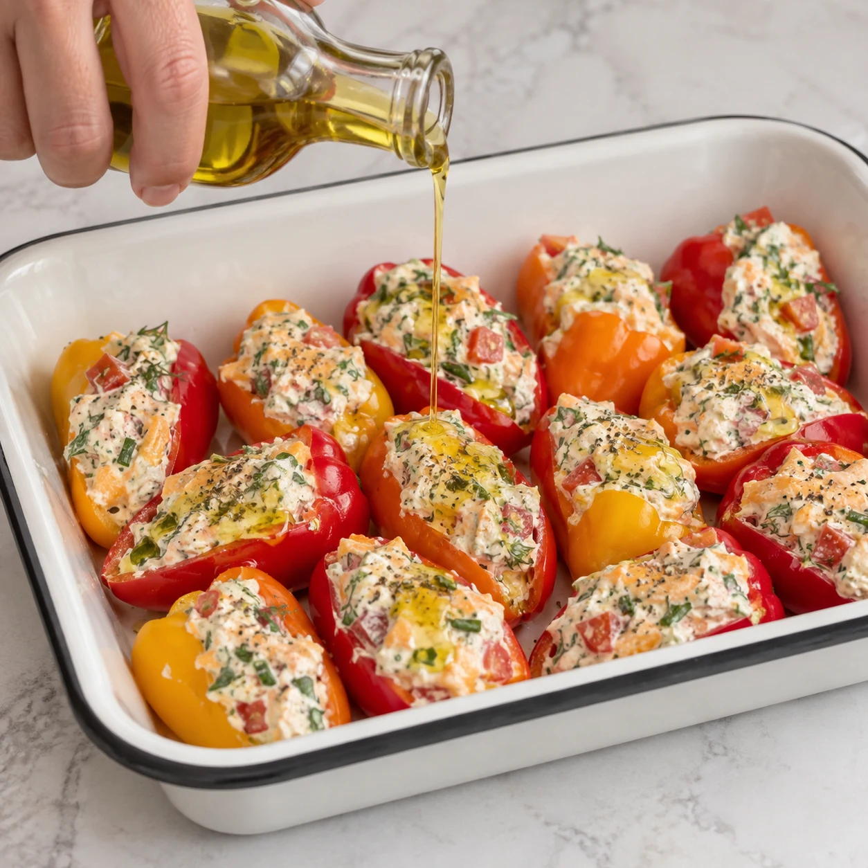 Arroser d’huile d’olive. Verse un petit filet d’huile d’olive sur les mini-poivrons farcis. Une seule action ; uniquement les ingrédients déjà présents à cette étape. Photographie carrée de livre de cuisine, sans personne identifiable ni texte.