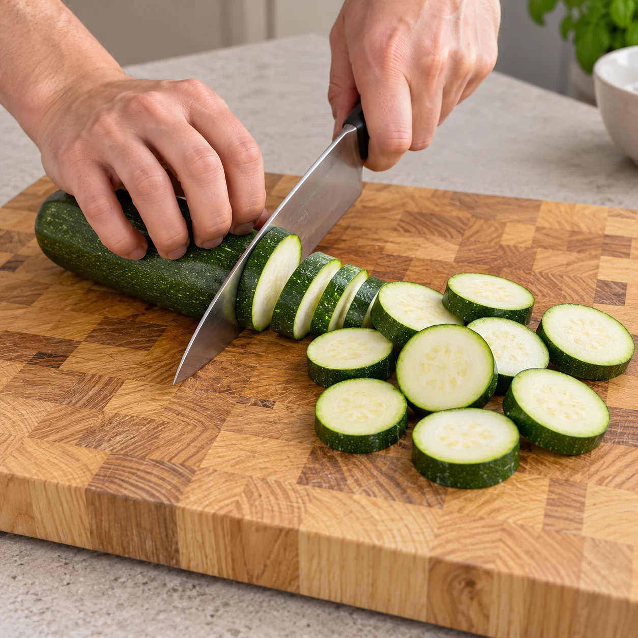 Courgette verte coupée en rondelles sur une planche en bois, couteau de chef et main adulte anonyme en griffe.